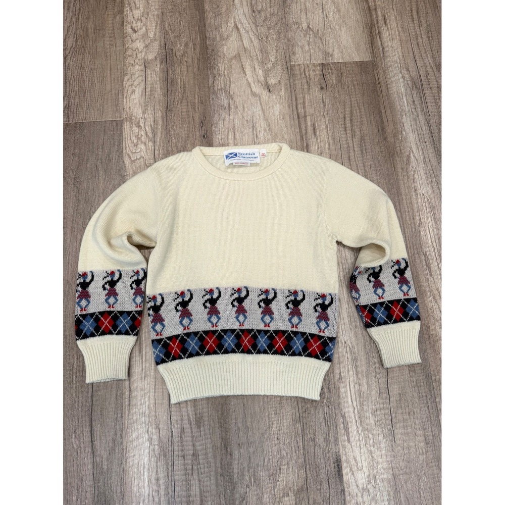 Scottish Clanwear Sweater Boys 7/8 Cream Bagpiper Argyle Vintage Heritage Core